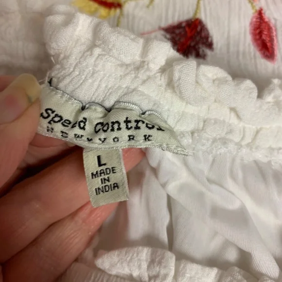 Speed Control New York Dress SZ L White Shift Embroidered Feminine Fairy Crinkle - Picture 4 of 9